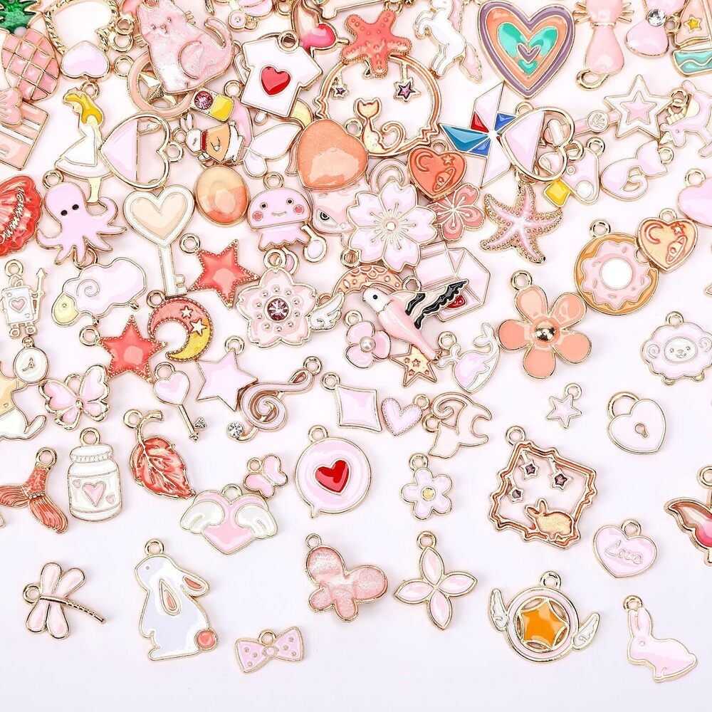 5168 120 Pcs Pink Charms, Assorted Gold Enamel Pink Charm for Jewelry